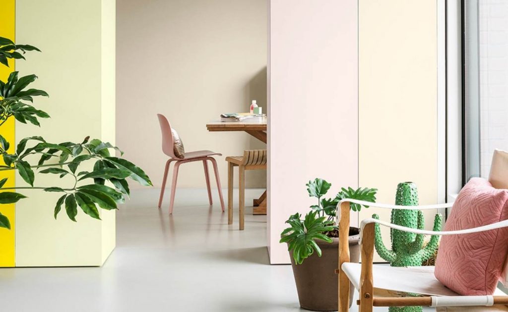 Salón con paredes amarillas y beige.  Plantas verdes y cactus colocados junto a una silla con un cojín rosa.
